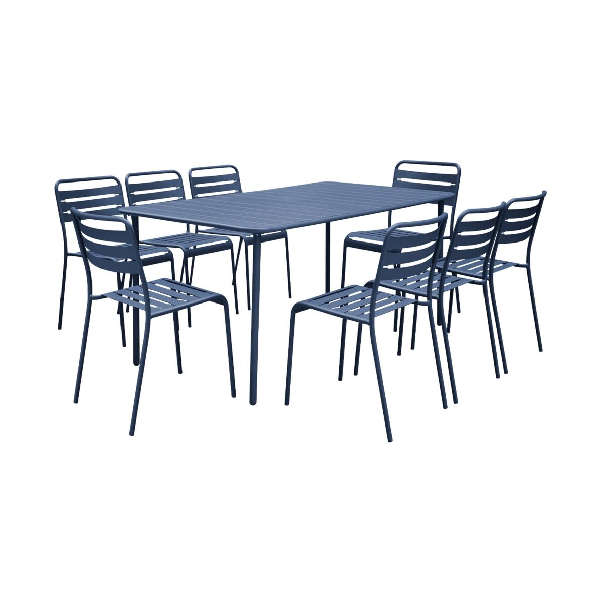 Mesa de jardim com 8 cadeiras de metal, amelia, bleu-marinho, 141.2x80x72.5 cm