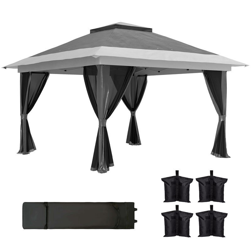 Outsunny pérgola dobrável 356x356x280 cm pérgola dobrável com 4 paredes laterais de malha anti-uv altura ajustável bolsa de areia e bolsa de