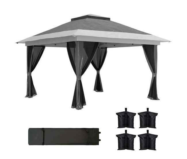 Outsunny pérgola dobrável 356x356x280 cm pérgola dobrável com 4 paredes laterais de malha anti-uv altura ajustável bolsa de areia e bolsa de