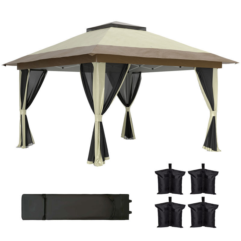 Outsunny pérgola dobrável 356x356x280 cm pérgola dobrável com 4 paredes laterais de malha anti-uv altura ajustável bolsa de areia e bolsa de