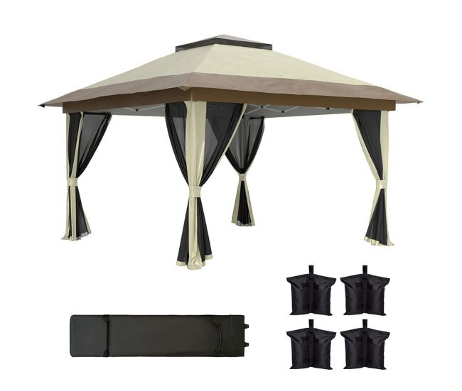Outsunny pérgola dobrável 356x356x280 cm pérgola dobrável com 4 paredes laterais de malha anti-uv altura ajustável bolsa de areia e bolsa de