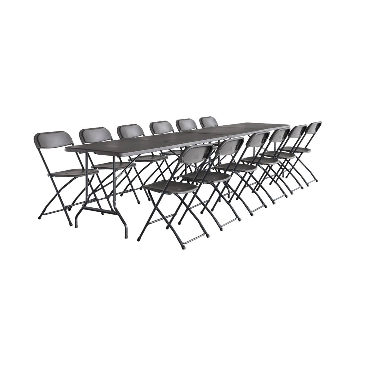 Set de 2 mesas de receção dobráveis em plástico + 12 cadeiras, fiesta 12, cinza escuro, 180x69.5x73.5 cm