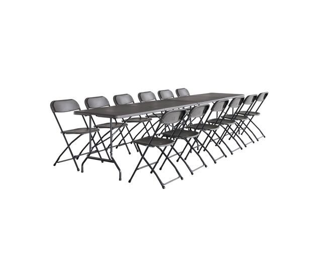Set de 2 mesas de receção dobráveis em plástico + 12 cadeiras, fiesta 12, cinza escuro, 180x69.5x73.5 cm