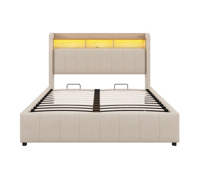 Cómoda estofada em linho 140x200 cm - com led + tomadas - bege