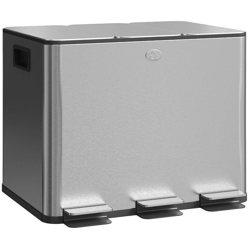 Homcom balde de lixo de cozinha com 3 compartimentos 3x10l cubo de lixo de aço inoxidável com pedais tampas com fechamento suave e cubo amovível para
