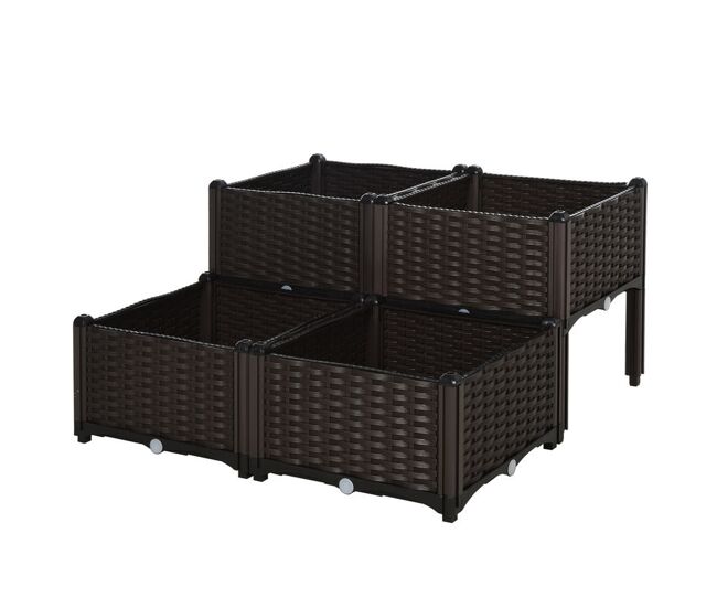 Outsunny conjunto de 4 floreiras quadradas floreiras para flores e vegetais com orifícios de drenagem e pés altos 80x40x26-44 cm marrom