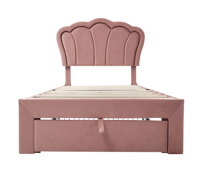 Cama de criança 90x190 cm em veludo com gavetas e controlo app led - rosa