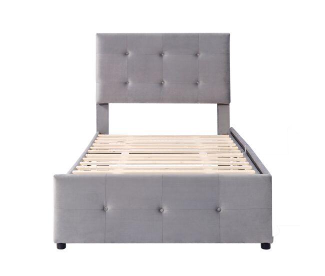 Cama estofada em veludo 90x200cm - cama individual com 2 gavetas e estrado de molas - cinzento