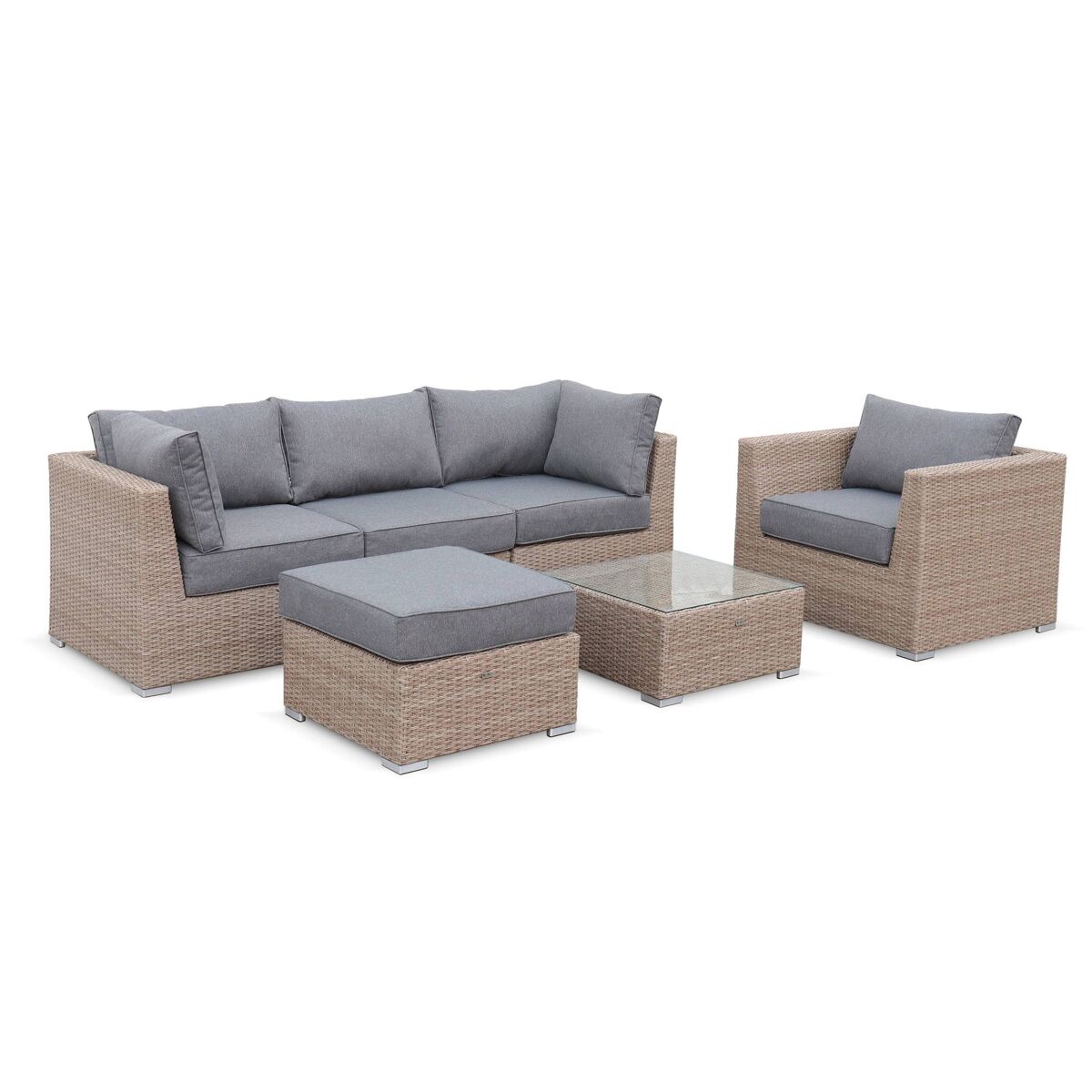 Conjunto de mobiliário de jardim com sofá em resina tecida, 5 lugares, vinci, natural, 225x80x67.5 cm