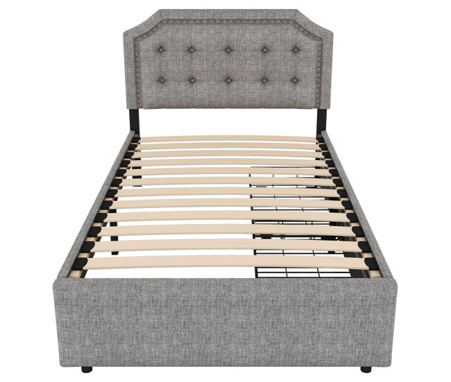 Cama estofada em tecido de linho com 2 gavetas - 90x200 cm - cabeceira decorada com rebites - cinzento