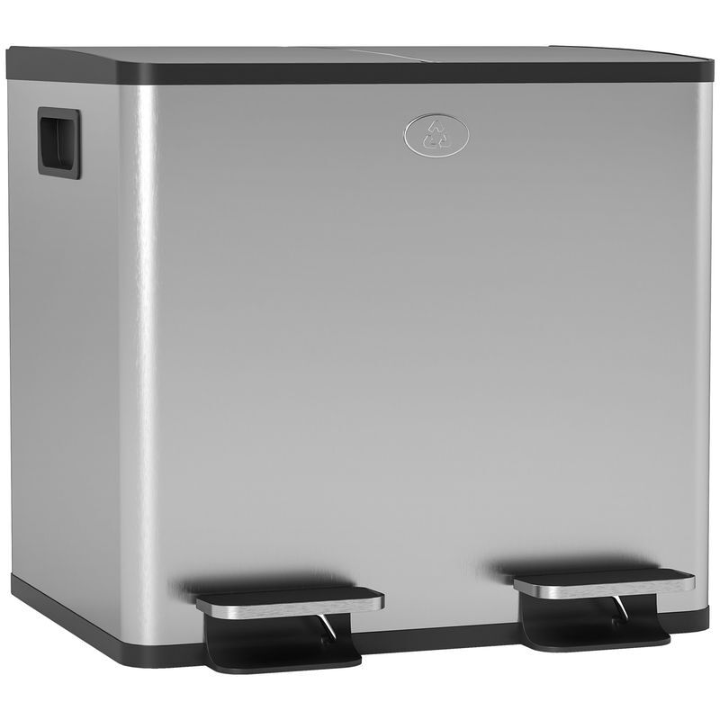 Homcom balde de lixo de cozinha com 2 compartimentos 2x15l cubo de lixo de aço inoxidável com pedal tampa de fechamento suave rolo de 30 bolsas de