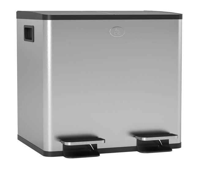 Homcom balde de lixo de cozinha com 2 compartimentos 2x15l cubo de lixo de aço inoxidável com pedal tampa de fechamento suave rolo de 30 bolsas de