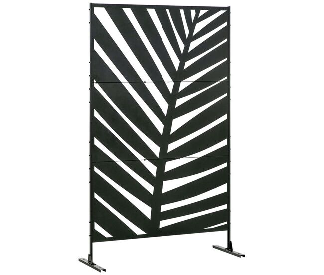 Outsunny biombo de 3 peças separador de ambientes com desenho de folha de bananeira biombo para exterior jardim varanda 122x45x198 cm preto