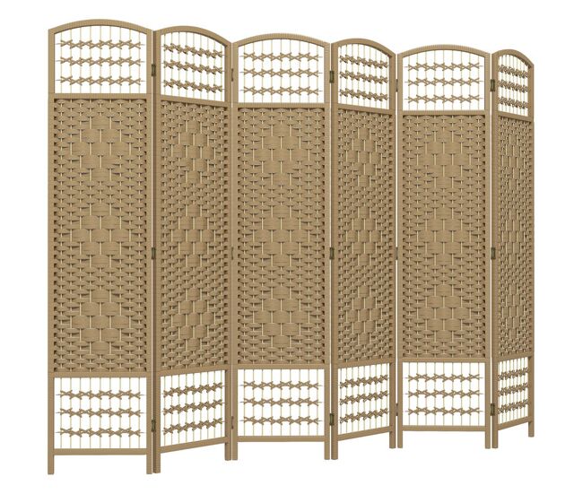 Homcom biombo dobrável de 6 painéis, 240x170 cm, separador de ambientes em corda de papel, estrutura de madeira, decoração para quarto e sala, natural