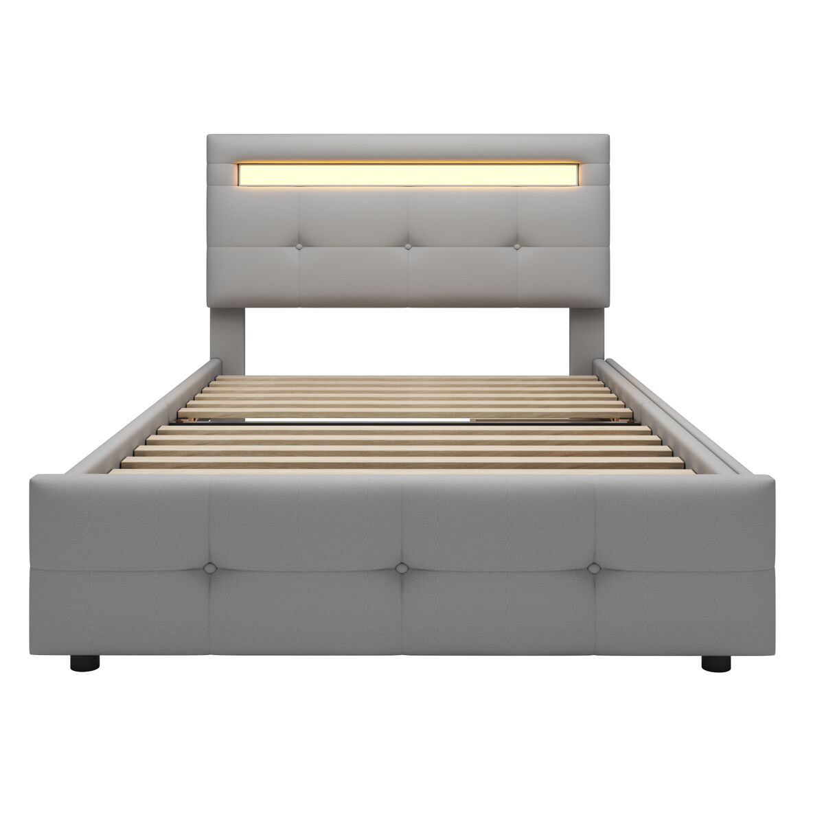 Cama individual 90x200 cm em tecido de linho com led e 2 gavetas - cinzento