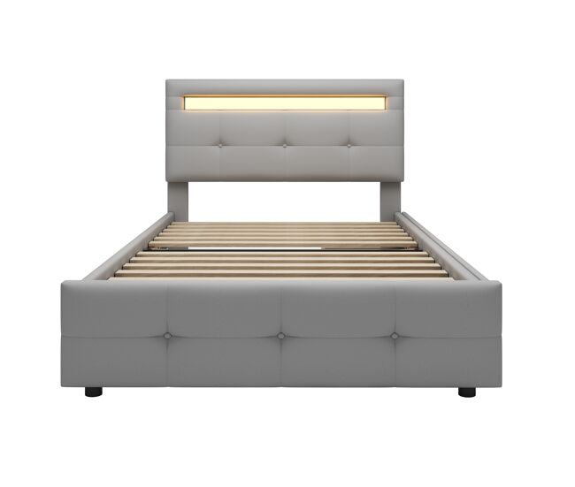 Cama individual 90x200 cm em tecido de linho com led e 2 gavetas - cinzento