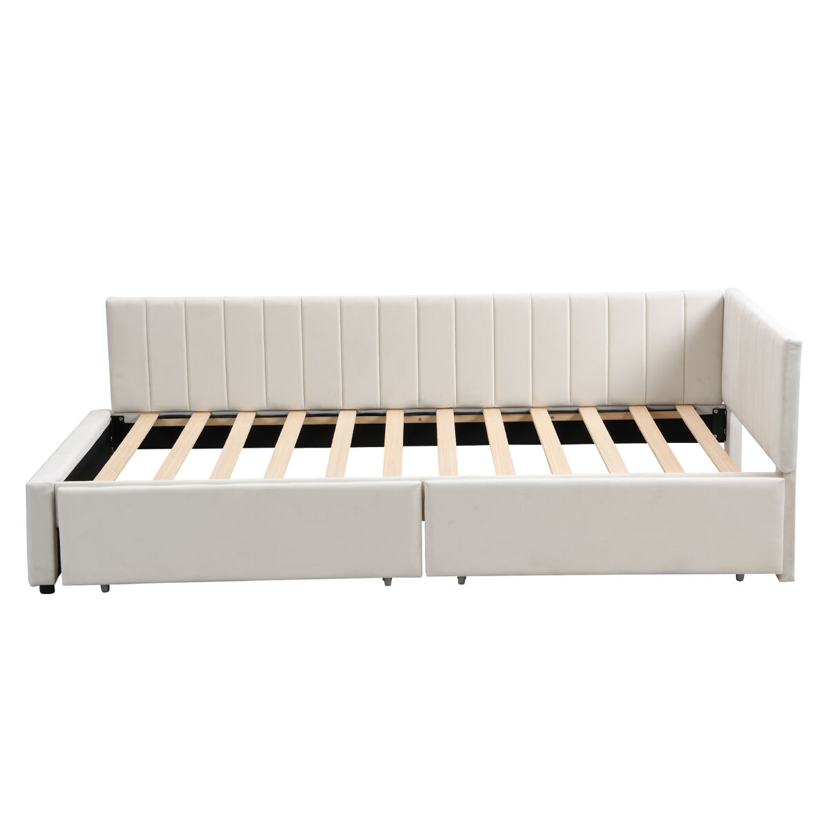 Sofá-cama estofado em veludo 90x200 cm - com 2 gavetas grandes e estrado de ripas - branco