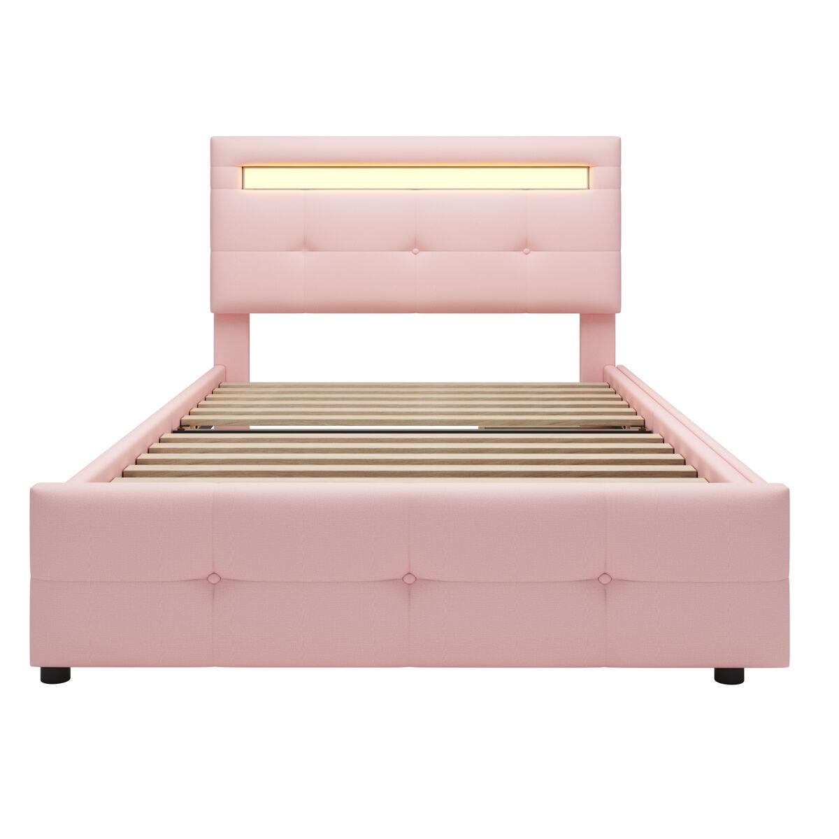 Cama individual 90x200 cm em tecido de linho com led e 2 gavetas - rosa