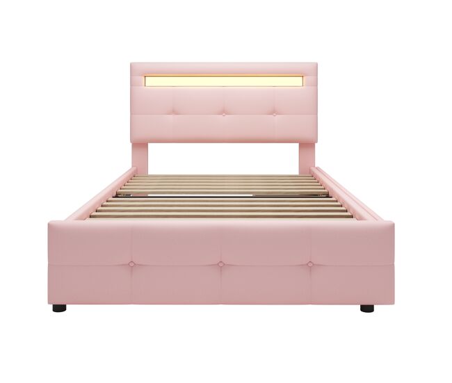 Cama individual 90x200 cm em tecido de linho com led e 2 gavetas - rosa