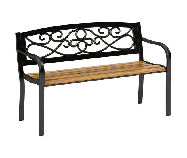 Outsunny banco de jardim de 2 lugares banco de exterior com assento de madeira e estrutura de aço para pátio varanda 127x56x80 cm madeira e preto