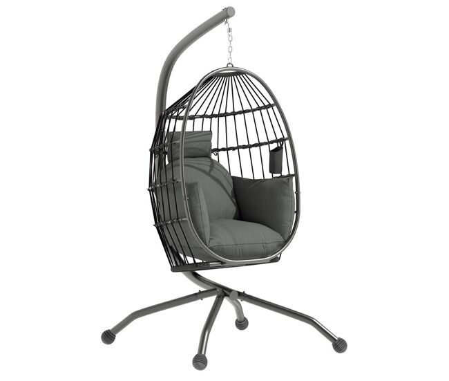 Outsunny cadeira suspensa com suporte cadeira baloiço de jardim com cesto dobrável almofada e apoio para a cabeça cadeirão suspenso para interior e