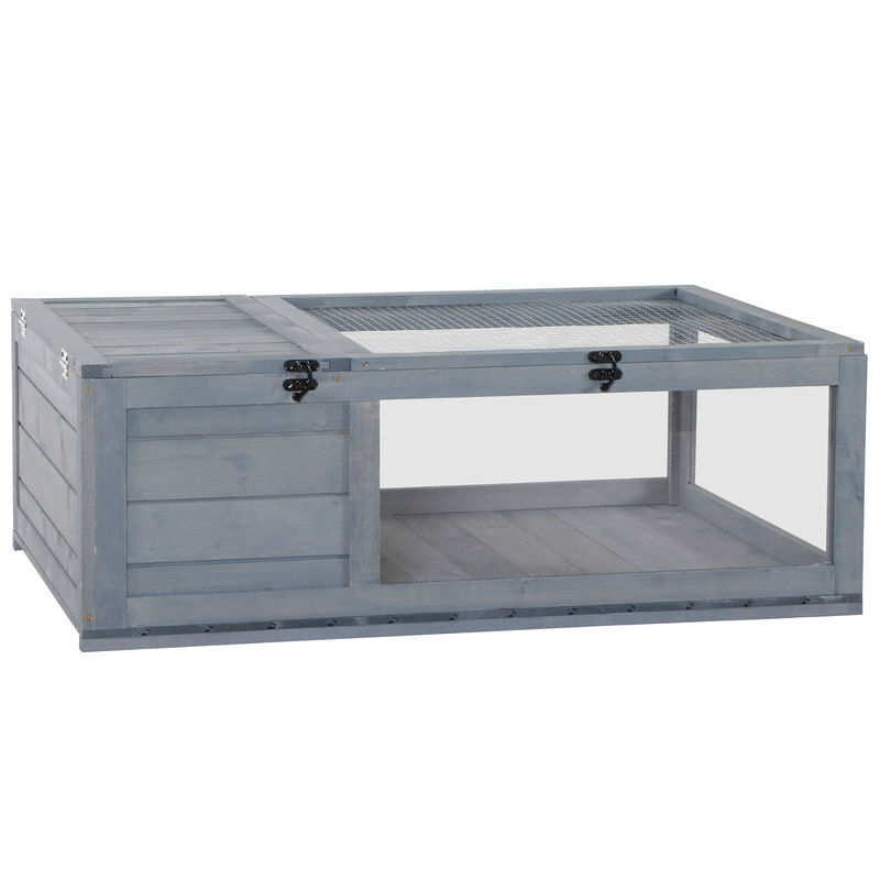 Pawhut casa para tartarugas de madeira terrario para reptéis com teto de malha painéis laterais transparentes e trava de segurança 91x60,5x32 cm cinza