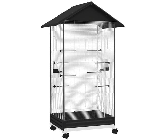 Pawhut gaiola para pássaros com rodas, 79x65x155 cm, gaiola grande com 2 comedouros, 8 poleiros, 4 portas e bandeja removível, design do teto, viveiro