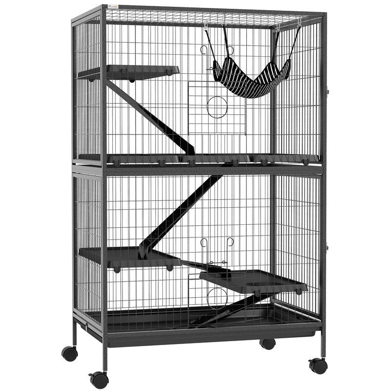 Pawhut gaiola para roedores 80x52x128 cm casa de 4 alturas com rampas suspensa rede bandeja removível rodas portas cinza escuro