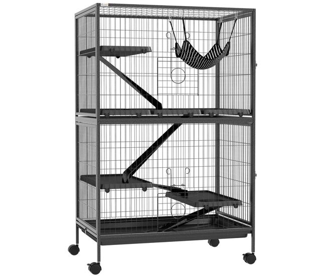 Pawhut gaiola para roedores 80x52x128 cm casa de 4 alturas com rampas suspensa rede bandeja removível rodas portas cinza escuro