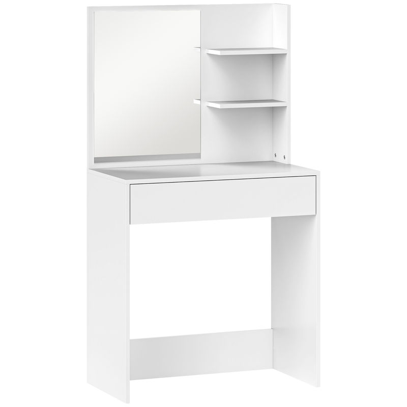 Homcom toucador de maquilhagem com espelho mesa de maquilhagem com gaveta e prateleiras abertas toucador para dormitório 75x40x137 cm branco
