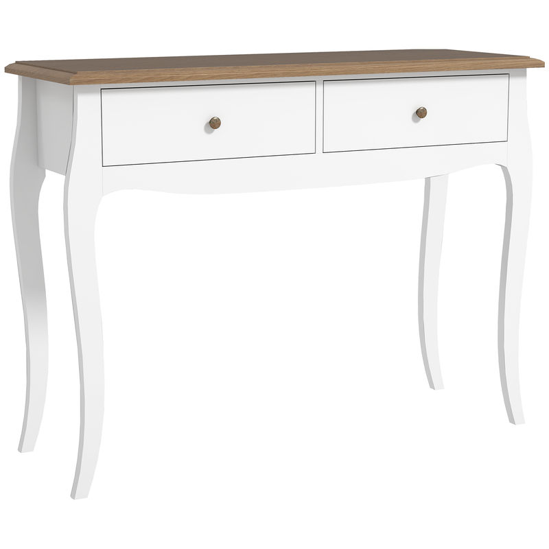 Homcom consola 100x35x76,5 cm com 2 gavetas mesa de entrada estilo francês para corredor, quarto ou sala de estar blanc e castanho escuro