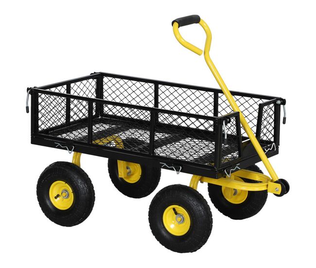 Outsunny carrinho de jardim carga 200 kg carrinho de praia com paineis laterais desmontáveis guiador giratório 180° e 4 rodas grandes de borracha noir e jaune