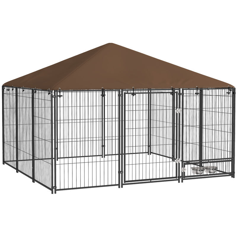 Pawhut parque para cães com toldo canil para exterior com suporte giratório para comida 2 tigelas incluídas 211x211x151 cm preto marrom