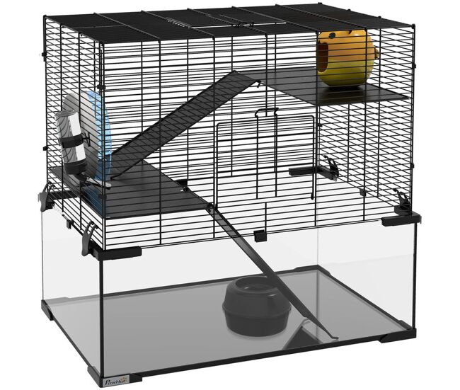 Pawhut gaiola para hamster gaiola para roedores pequenos com fundo de vidro plataformas comedouro bebedouro casa rampas e roda de exercício 60x40x54,5