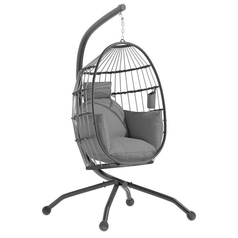 Outsunny cadeira suspensa com suporte cadeira baloiço de jardim com cesto dobrável almofada e apoio para a cabeça cadeirão suspenso para interior e