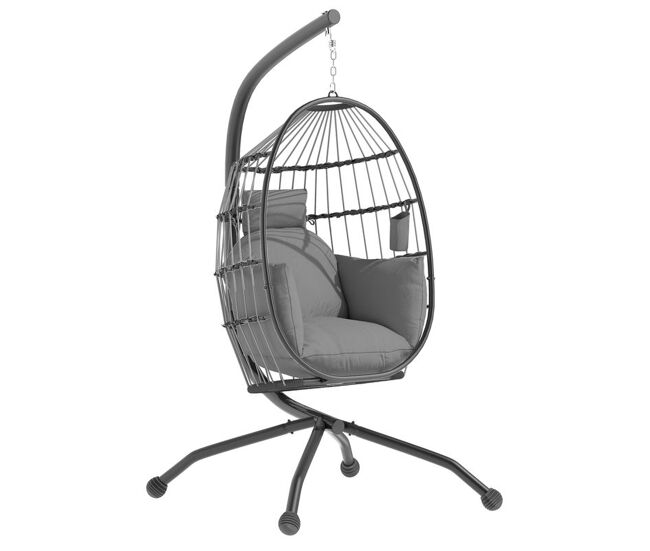 Outsunny cadeira suspensa com suporte cadeira baloiço de jardim com cesto dobrável almofada e apoio para a cabeça cadeirão suspenso para interior e