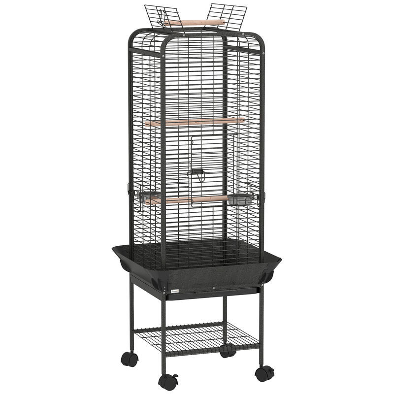 Pawhut gaiola para pássaros gaiola para papagaios com rodas poleiros comedouros prateleira e bandeja amovível gaiola para cacatuas 62,5x62,5x146 cm