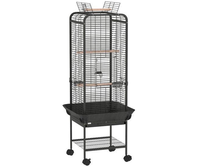 Pawhut gaiola para pássaros gaiola para papagaios com rodas poleiros comedouros prateleira e bandeja amovível gaiola para cacatuas 62,5x62,5x146 cm