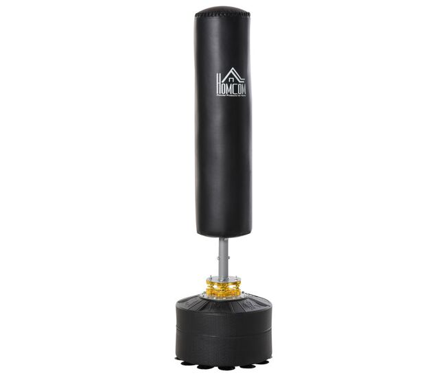 Homcom saco de boxe de pé para adultos 170 cm altura ajustável em 3 níveis punching ball com base preenchível de areia 45 kg ou água 30 kg para casa ginásio ø50x 170 cm noir