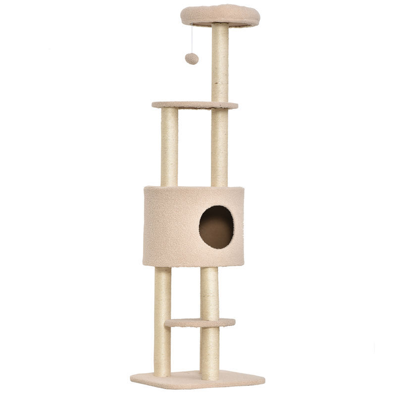 Pawhut arranhador para gatos altura 148 cm arranhador para gatos com postes de sisal 3 plataformas casa e bola suspensa bege