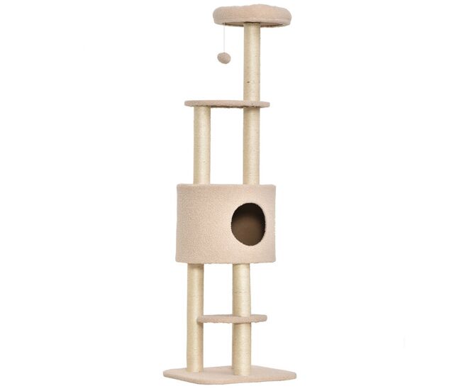 Pawhut arranhador para gatos altura 148 cm arranhador para gatos com postes de sisal 3 plataformas casa e bola suspensa bege