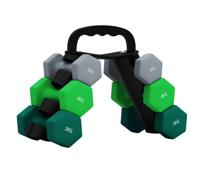Sportnow conjunto de halteres 2 x 3kg 2 x 4kg e 2 x 5kg halteres hexagonais com suporte de armazenamento para treino em casa ginásio multicor