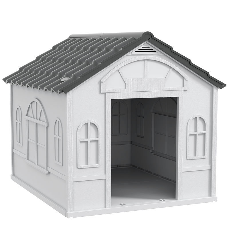 Pawhut casa para cães 84,2x98,2x82 cm casa para cães com janelas e teto com imitação de telhas casota para cães cinza