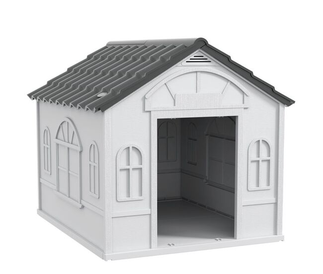 Pawhut casa para cães 84,2x98,2x82 cm casa para cães com janelas e teto com imitação de telhas casota para cães cinza
