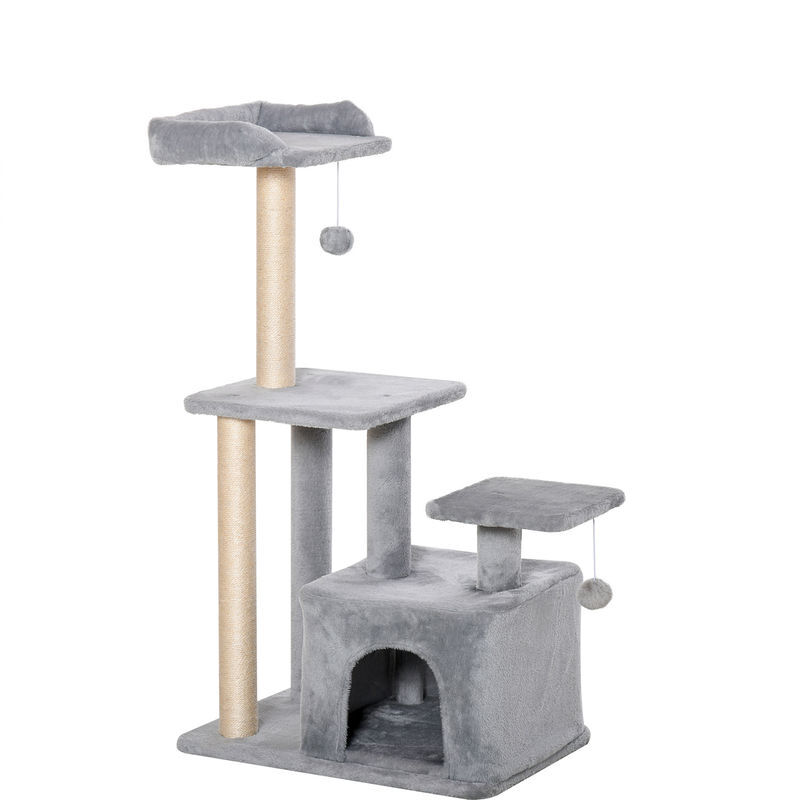 Pawhut arranhador para gatos altura 114 cm arranhador para gatos com postes de sisal 3 plataformas caverna e 2 bolas suspensas cinza claro