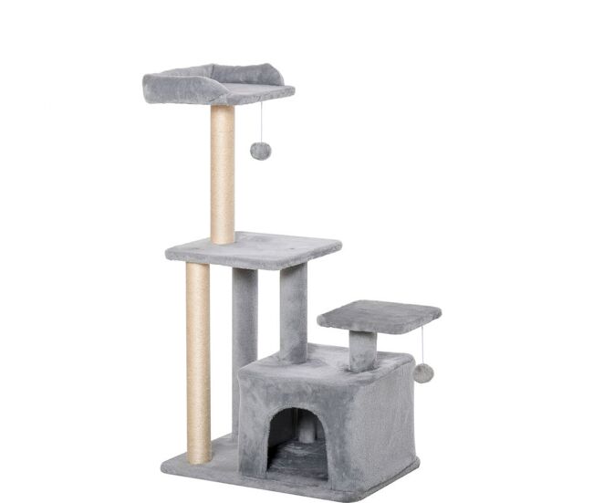 Pawhut arranhador para gatos altura 114 cm arranhador para gatos com postes de sisal 3 plataformas caverna e 2 bolas suspensas cinza claro