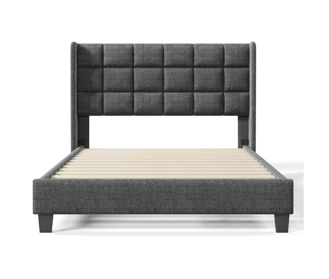 Cama estofada em tecido de linho - 140x200cm - com cabeceira e estrado de molas - cinzento