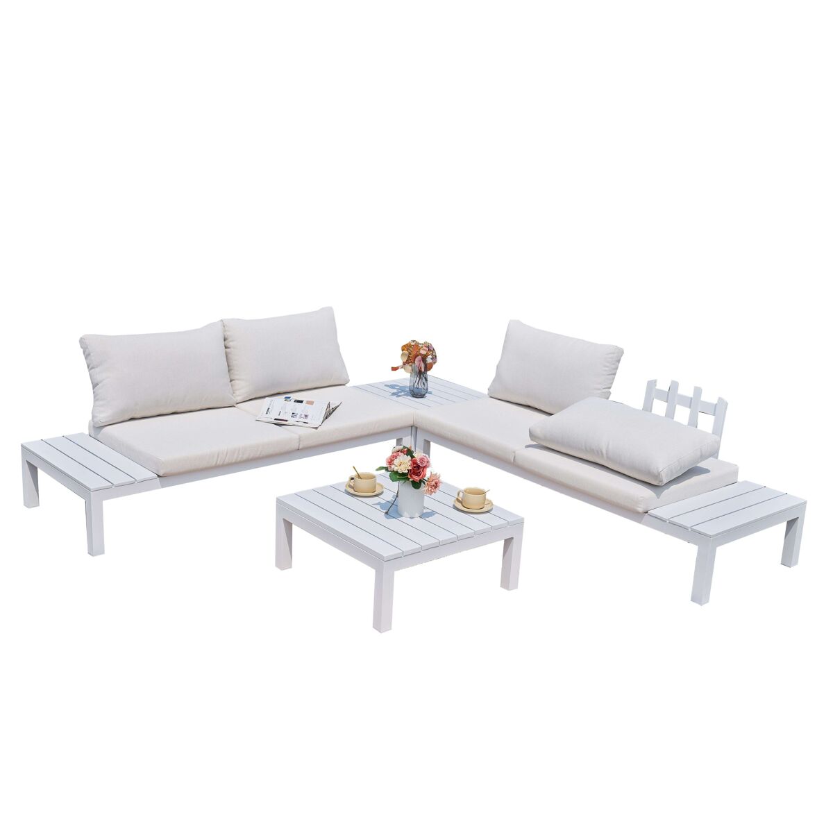 Conjunto de jardim ao ar livre de estilo contemporâneo alcocebre em blanc com 2 sofás e 2 mesas de centro (com almofadas)