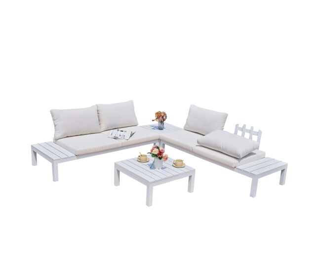 Conjunto de jardim ao ar livre de estilo contemporâneo alcocebre em blanc com 2 sofás e 2 mesas de centro (com almofadas)