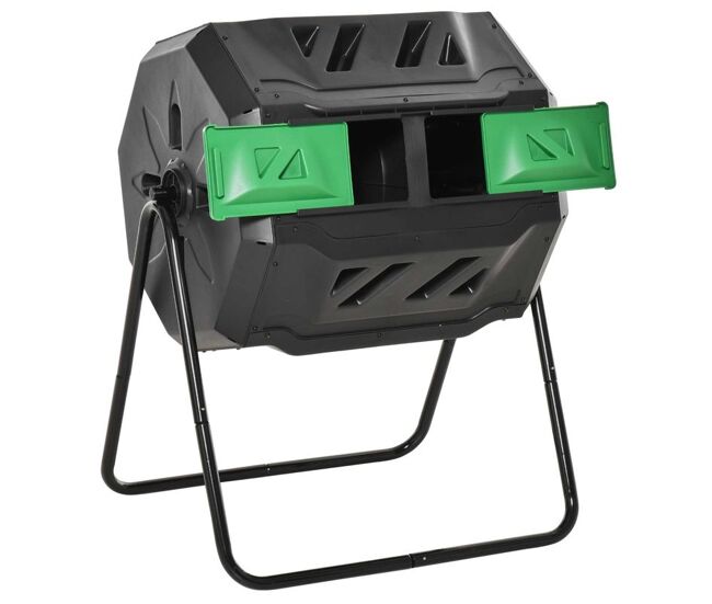 Outsunny compostor de tambor giratório com capacidade 160l de dupla câmera e ventilação estrutura de aço para resíduos orgânicos de jardim 71x64x92cm